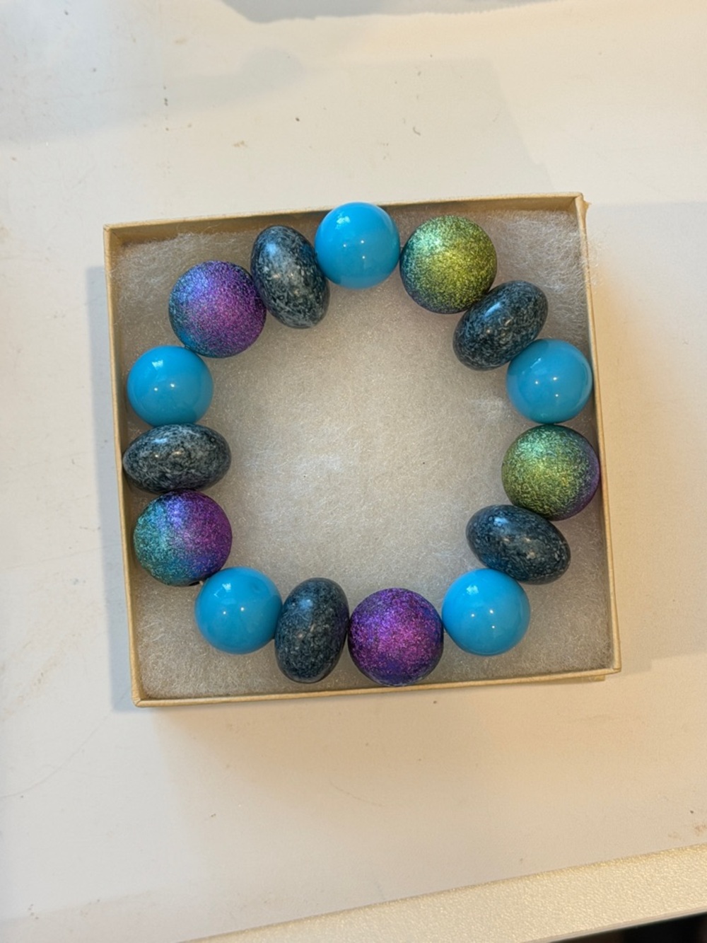 Hand Crafted Turquoise, Purple & Green Mixed Bead Stretch Bracelet